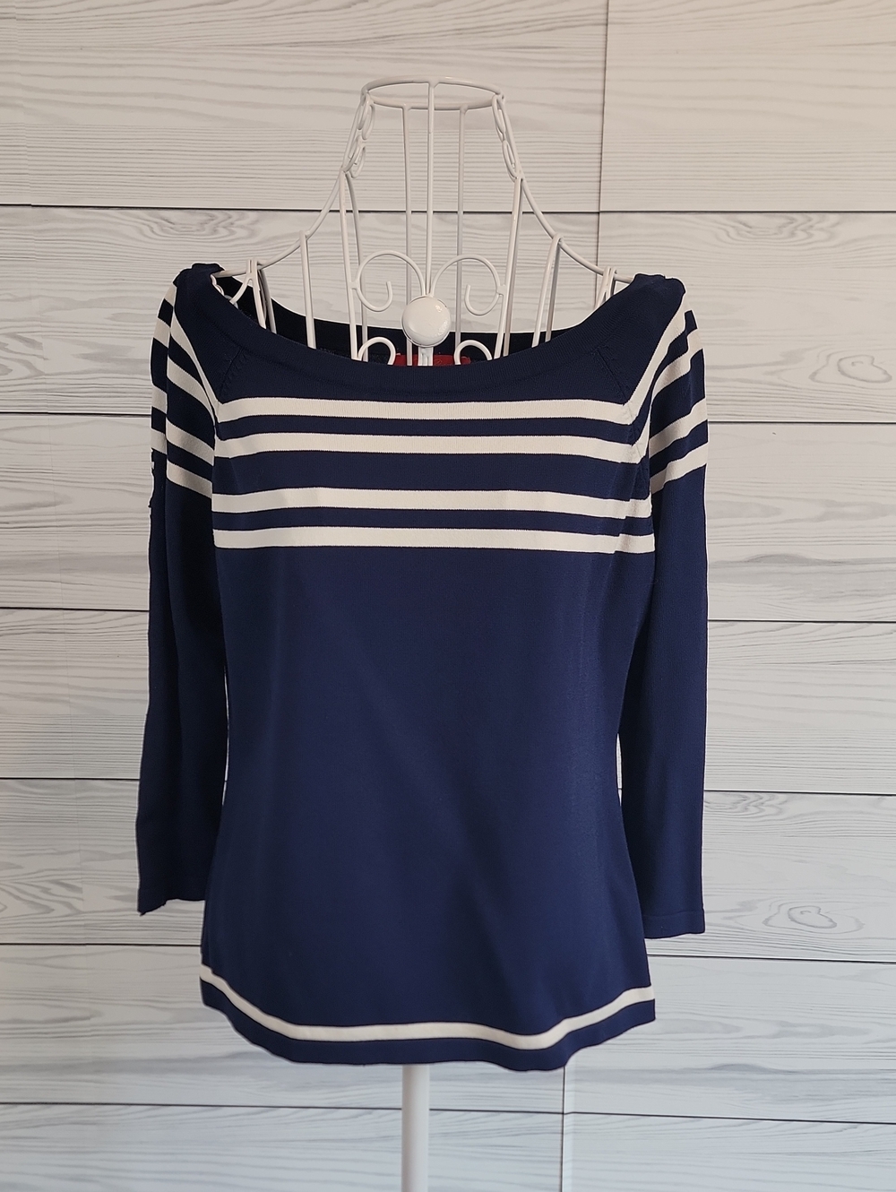 La Cite Sweater Navy & White Striped Boatneck Women's Knit Top Size L
